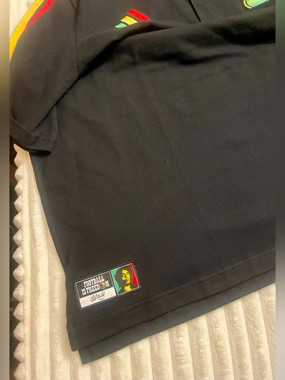 Adidas x Bob Marley Black Polo Shirt w/ Yellow, Green Trim - Jamaica Collab